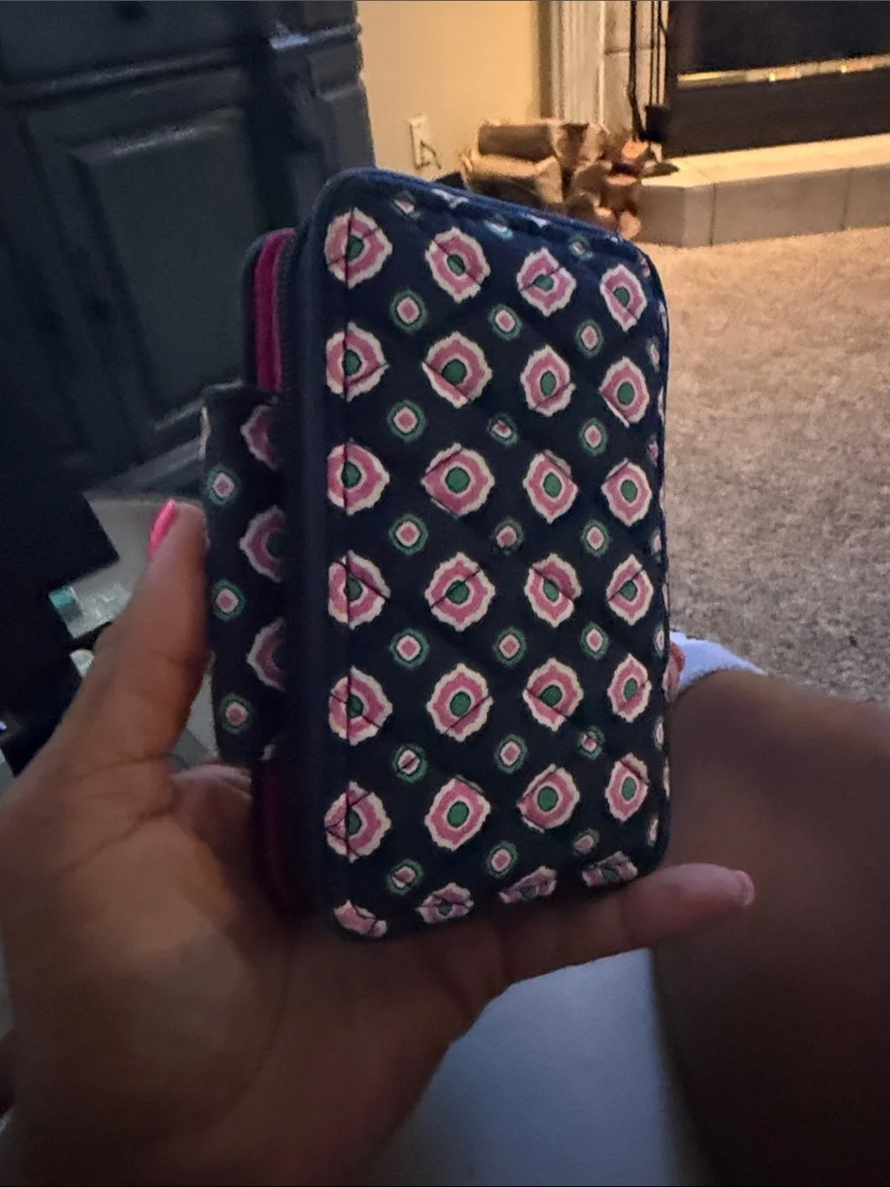 Vera Bradley Quilted Navy Phone Wallet Case with Pink Floral Pattern